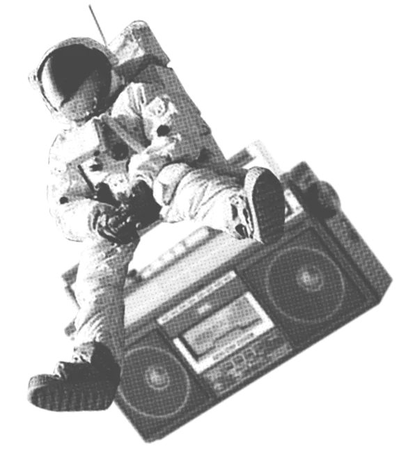 An astronaut sitting on top of a retro boombox. Softserve Digital Development are experienced navigators that wish to help others explore.