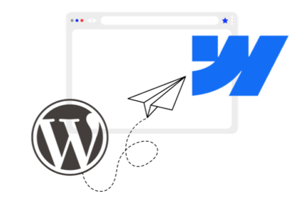 A WordPress logo with a letter travelling to a Webflow logo in front of a blank application background.